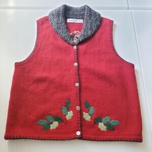 Vintage Claire Murray Sweater Vest Womens Large Red Wool Christmas House Holly
